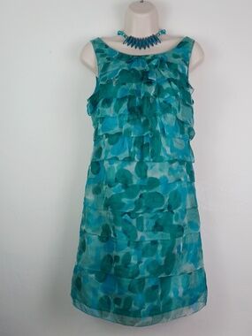 Teal Watercolor Satiny Ruffled Sleeveless Light & Airy Dress
